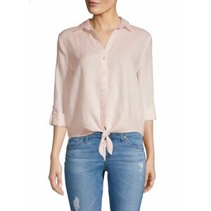 SAKS FIFTH AVENUE S Pink Linen Button Down Tie Front Shirt Roll Tab Sleeve